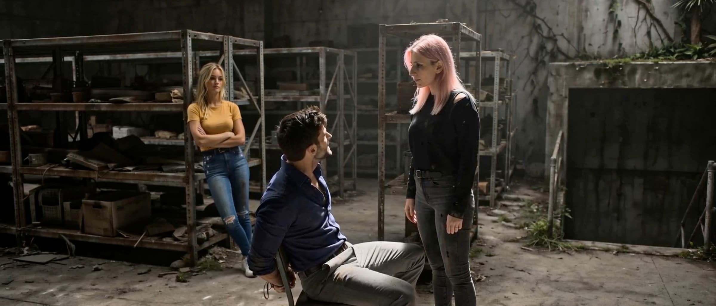Three survivors inside an abandoned structure